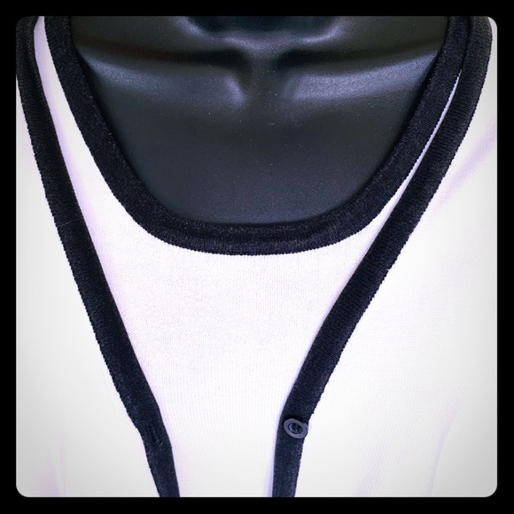 Vintage Liz Claiborne cotton Knit Top & Cardigan Set Cream white & black trim L - Picture 2 of 7